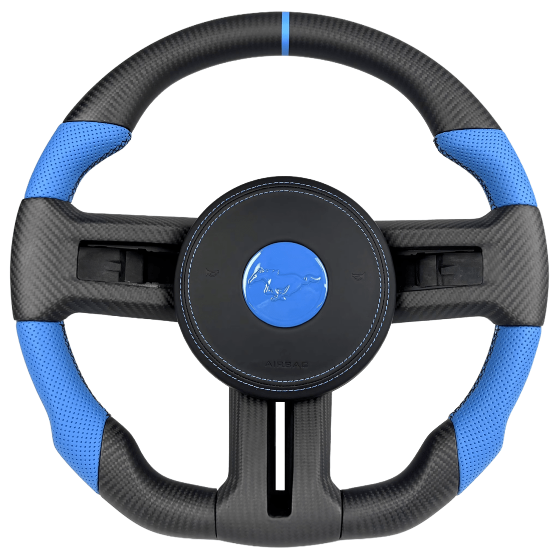 Custom matte carbon fiber steering wheel for 2010–2014 Ford Mustang S197 with blue perforated leather grips and blue center stripe