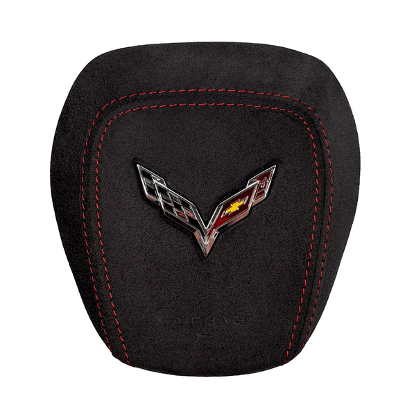 2014–2019 Chevrolet Corvette C7 custom black Alcantara airbag cover with red double-row contrast stitching and a Corvette crossed-flags emblem.