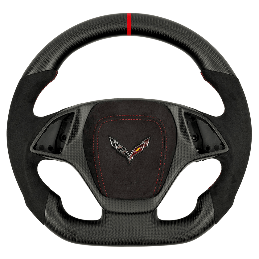 2014–2019 Chevrolet Corvette C7 custom woven carbon fiber flat-bottom steering wheel with black Alcantara grips, red stitching, a red 12 o’clock center stripe, and matching Alcantara airbag cover with the Corvette crossed-flags emblem.
