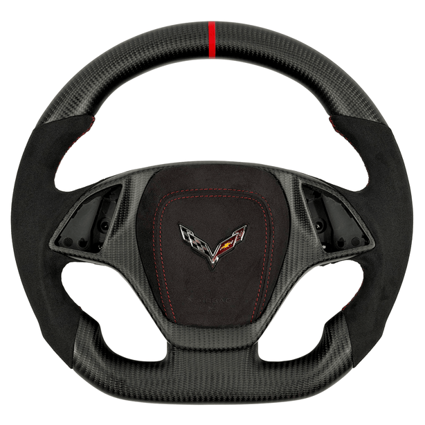 2014–2019 Chevrolet Corvette C7 custom woven carbon fiber flat-bottom steering wheel with black Alcantara grips, red stitching, a red 12 o’clock center stripe, and matching Alcantara airbag cover with the Corvette crossed-flags emblem.