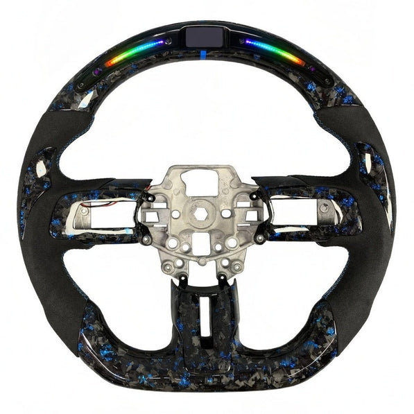 2015-2023 Ford Mustang S550 blue forged carbon fiber LED steering wheel with black Alcantara grips, RPM shift light display, and flat-bottom design