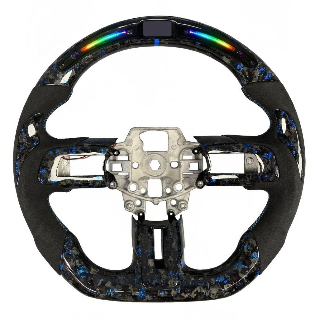 2015-2023 Ford Mustang S550 blue forged carbon fiber LED steering wheel with black Alcantara grips, RPM shift light display, and flat-bottom design