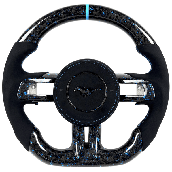 2015-2023 Ford Mustang S550 blue forged carbon fiber steering wheel with black Alcantara grips, flat-bottom design, and blue stitching