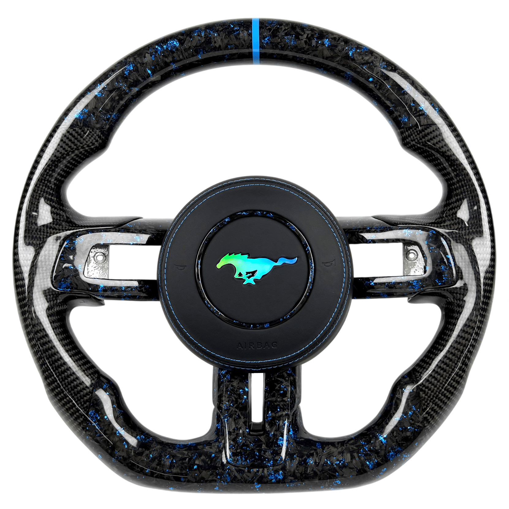 2015-2023 Ford Mustang S550 blue forged carbon fiber steering wheel with black leather grips, blue stitching, and flat-bottom rim