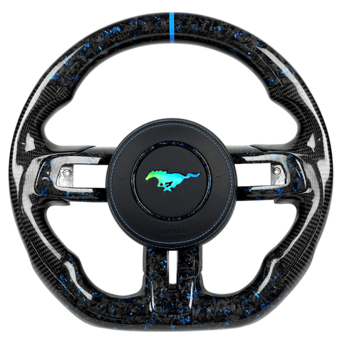 2015-2023 Ford Mustang S550 blue forged carbon fiber steering wheel with black leather grips, blue stitching, and flat-bottom rim