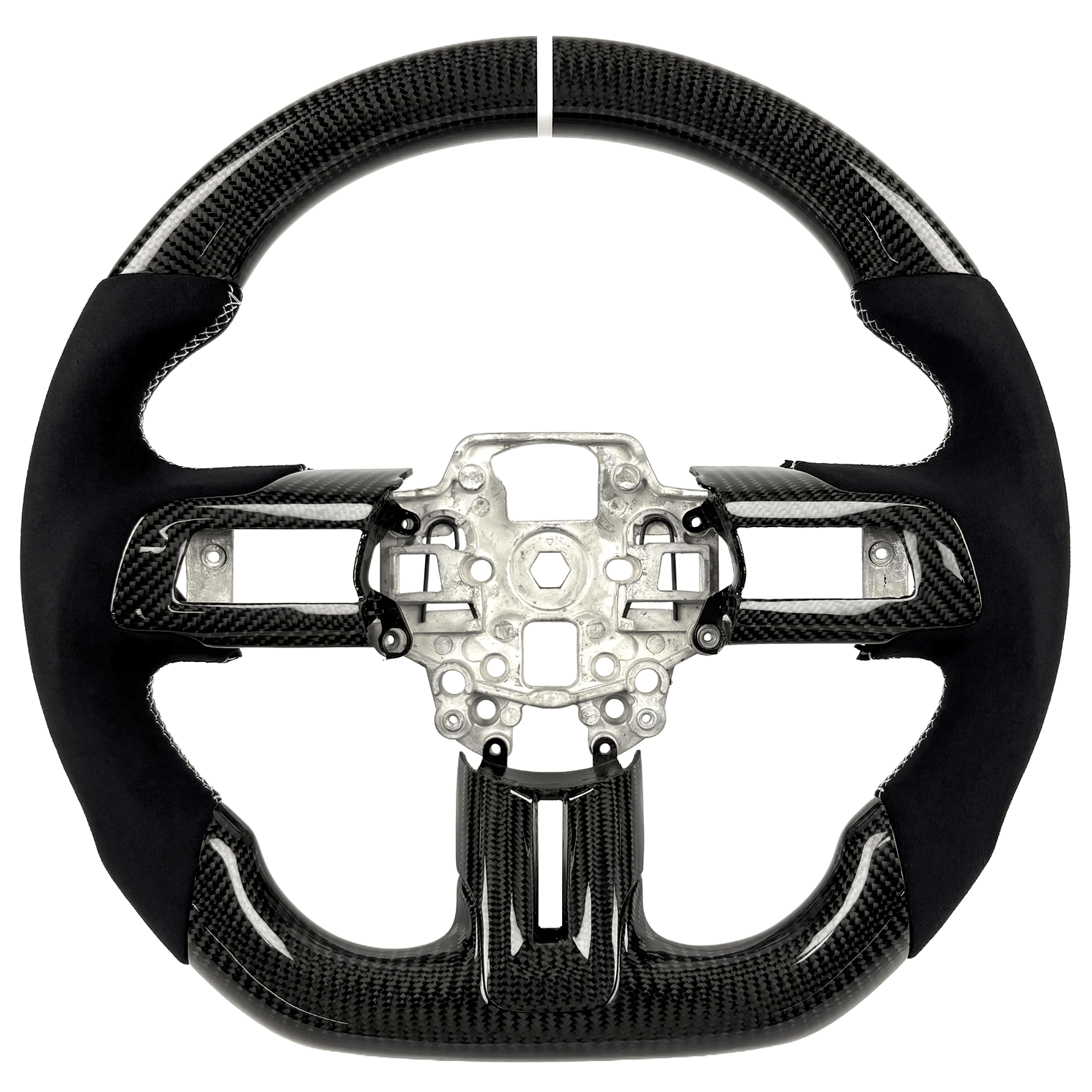 2015–2023 Ford Mustang S550 carbon fiber steering wheel by Texas Carbon with gloss woven carbon fiber, black Alcantara grips, white stitching, a white center stripe, and a flat-bottom design.