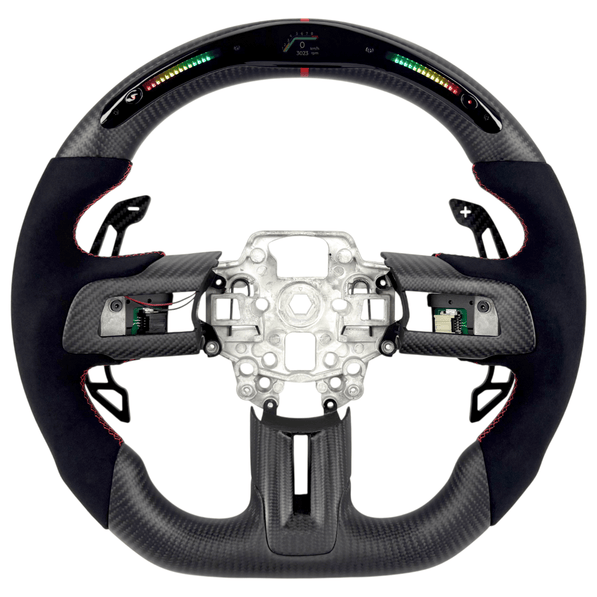 2015-2023 Ford Mustang S550 carbon fiber LED steering wheel with black Alcantara grips, RPM shift light display, and exposed airbag mounting hub