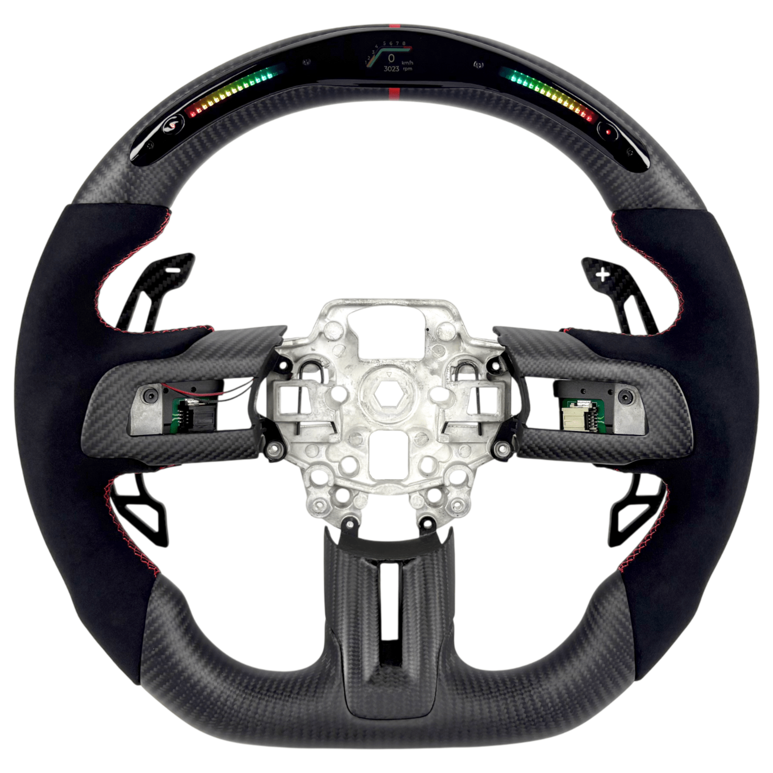 2015-2023 Ford Mustang S550 carbon fiber LED steering wheel with black Alcantara grips, RPM shift light display, and exposed airbag mounting hub