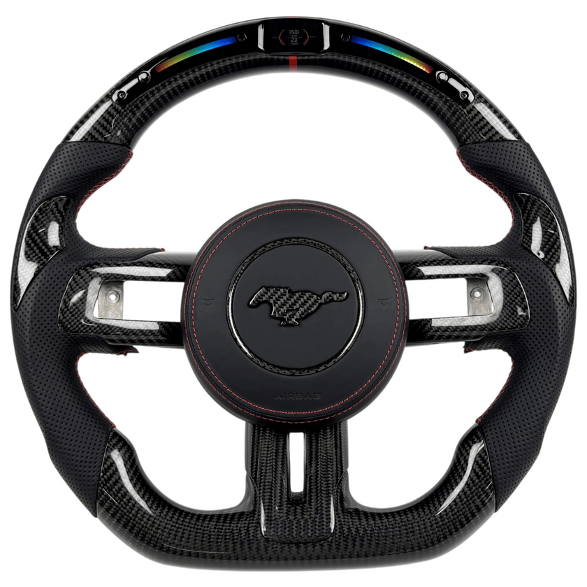 2015-2023 Ford Mustang S550 carbon fiber LED steering wheel with shift light display, flat-bottom rim, and red-stitched perforated leather grips