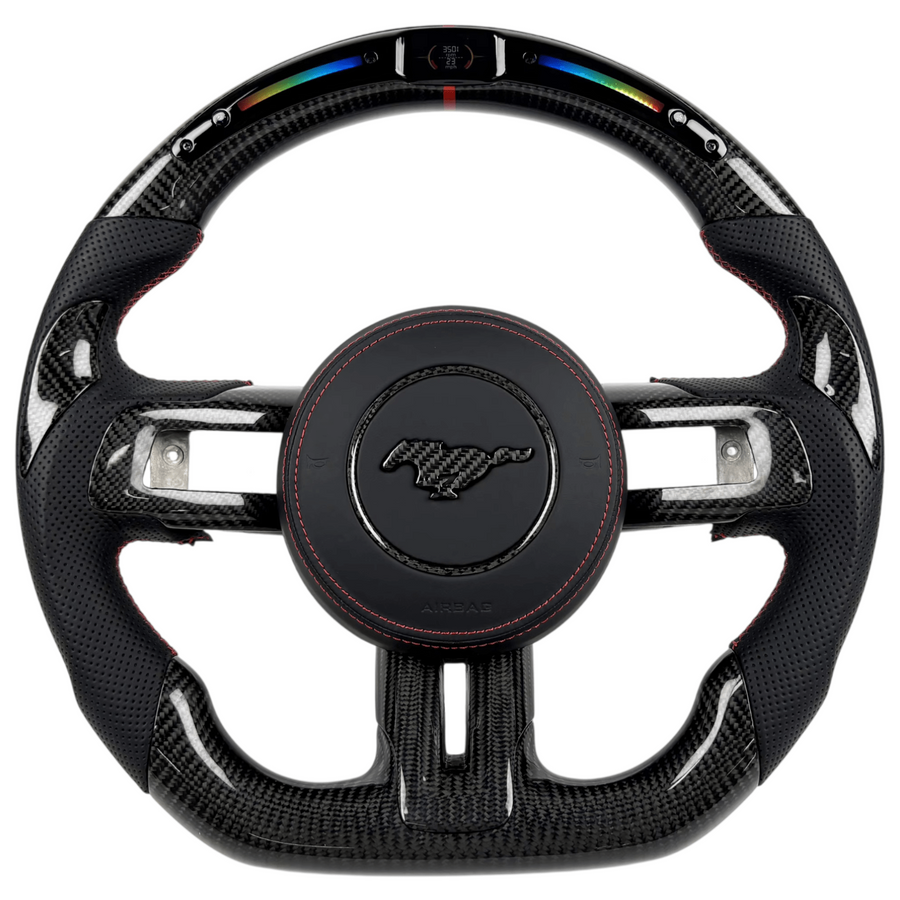 2015-2023 Ford Mustang S550 carbon fiber LED steering wheel with shift light display, flat-bottom rim, and red-stitched perforated leather grips
