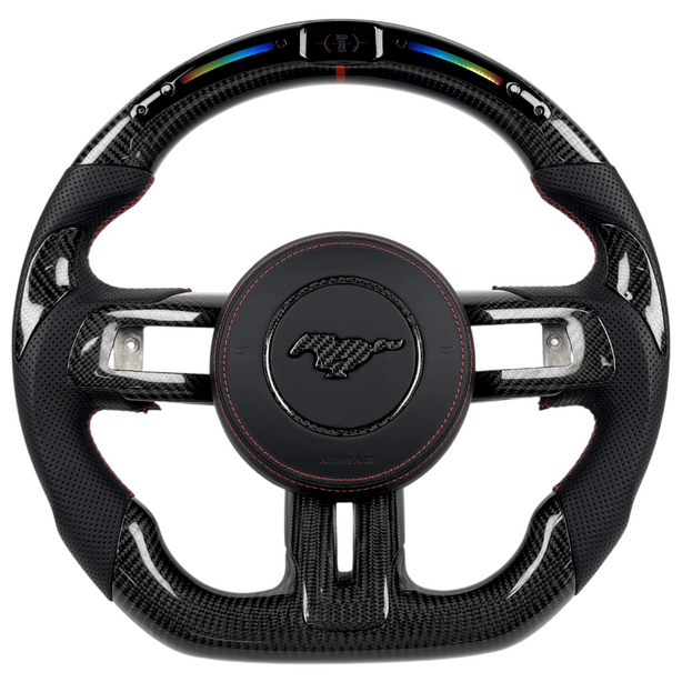 2015-2023 Ford Mustang S550 carbon fiber LED steering wheel with shift light display, flat-bottom rim, and red-stitched perforated leather grips