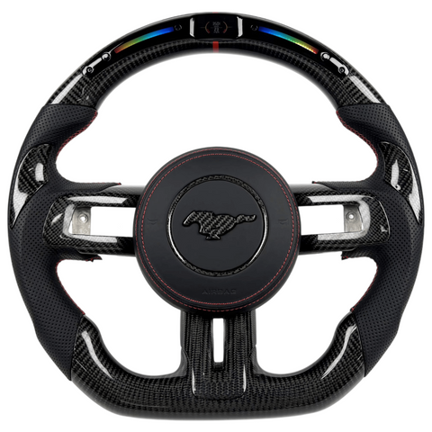 2015-2023 Ford Mustang S550 carbon fiber LED steering wheel with shift light display, flat-bottom rim, and red-stitched perforated leather grips