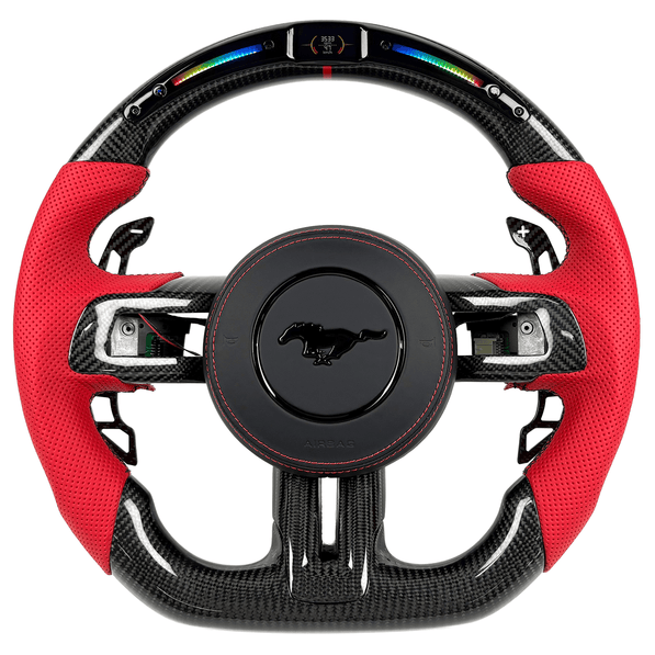 2015-2023 Ford Mustang S550 carbon fiber LED steering wheel with red perforated leather grips, RPM shift light display, and flat-bottom design