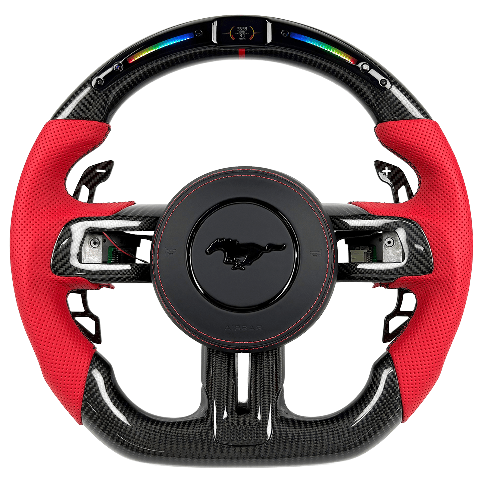 2015-2023 Ford Mustang S550 carbon fiber LED steering wheel with red perforated leather grips, RPM shift light display, and flat-bottom design