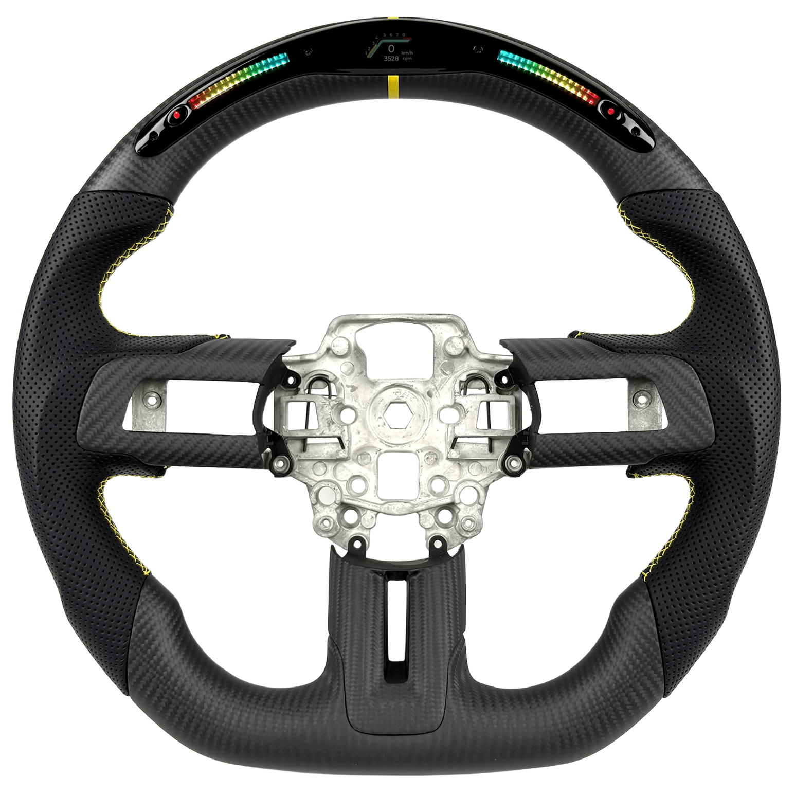 2015–2023 Ford Mustang S550 carbon fiber LED steering wheel by Texas Carbon with RPM shift lights, a flat-bottom rim, black perforated leather grips, yellow stitching, and a yellow center stripe.