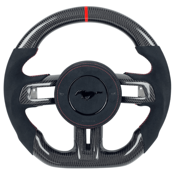 2015-2023 Ford Mustang S550 carbon fiber steering wheel with red-stitched black Alcantara grips, flat-bottom design, and red center stripe