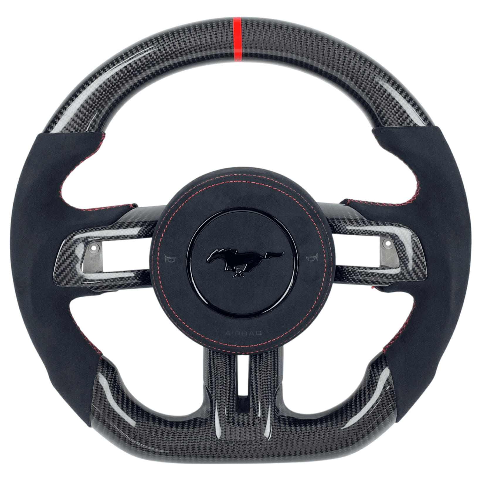 2015-2023 Ford Mustang S550 carbon fiber steering wheel with red-stitched black Alcantara grips, flat-bottom design, and red center stripe