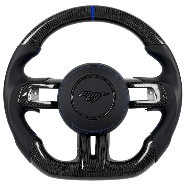 2015-2023 Ford Mustang S550 carbon fiber steering wheel with black leather grips, flat-bottom design, and blue stitching