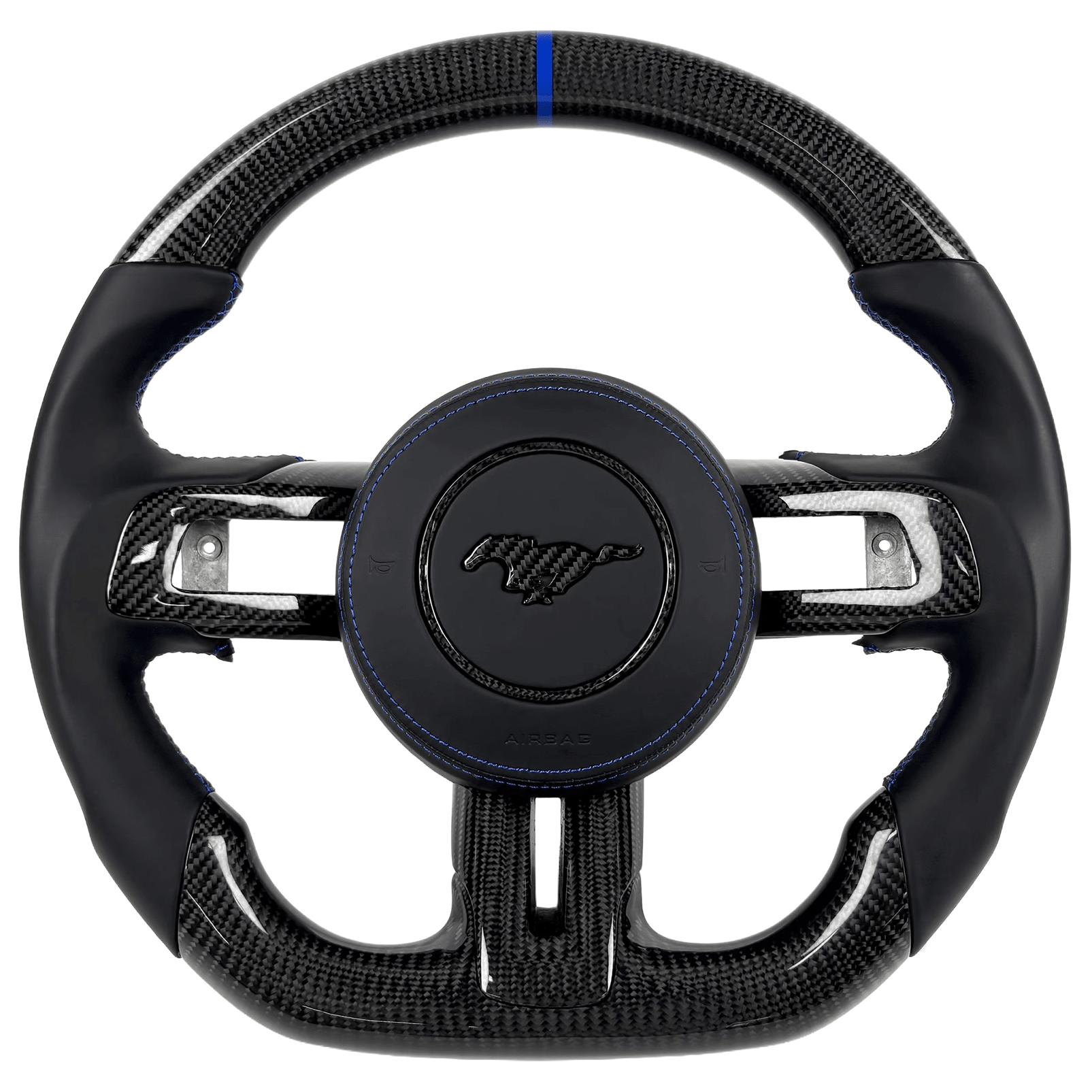 2015-2023 Ford Mustang S550 carbon fiber steering wheel with black leather grips, flat-bottom design, and blue stitching