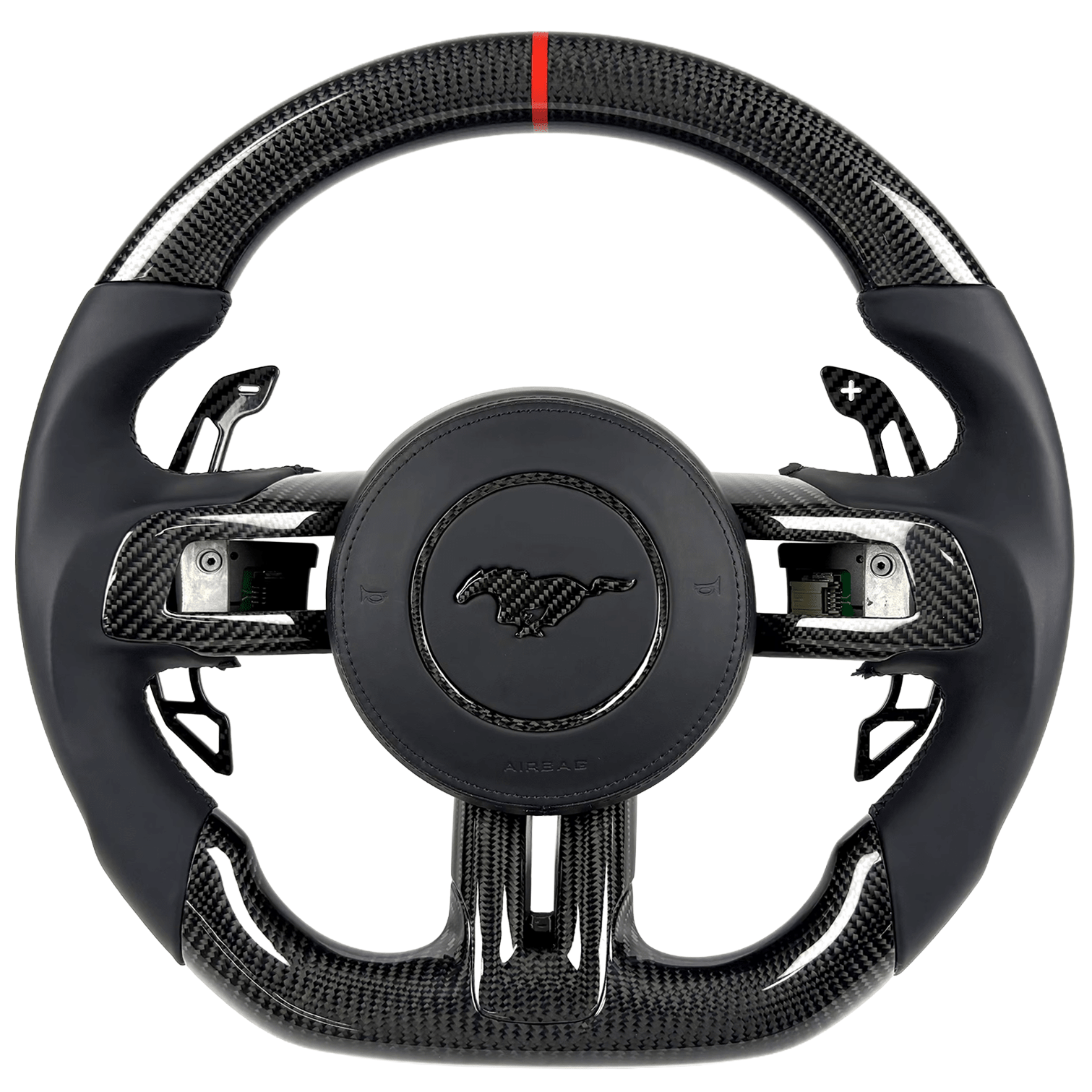2015–2023 Ford Mustang S550 carbon fiber steering wheel by Texas Carbon with gloss woven carbon fiber, black leather grips, paddle shifters, a flat-bottom rim, and a red center stripe.