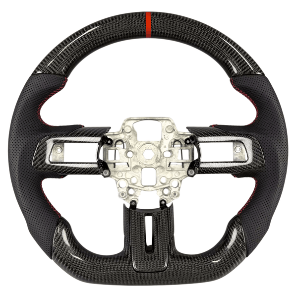 2015-2023 Ford Mustang S550 carbon fiber steering wheel without airbag module, with red-stitched black perforated leather grips and flat-bottom design