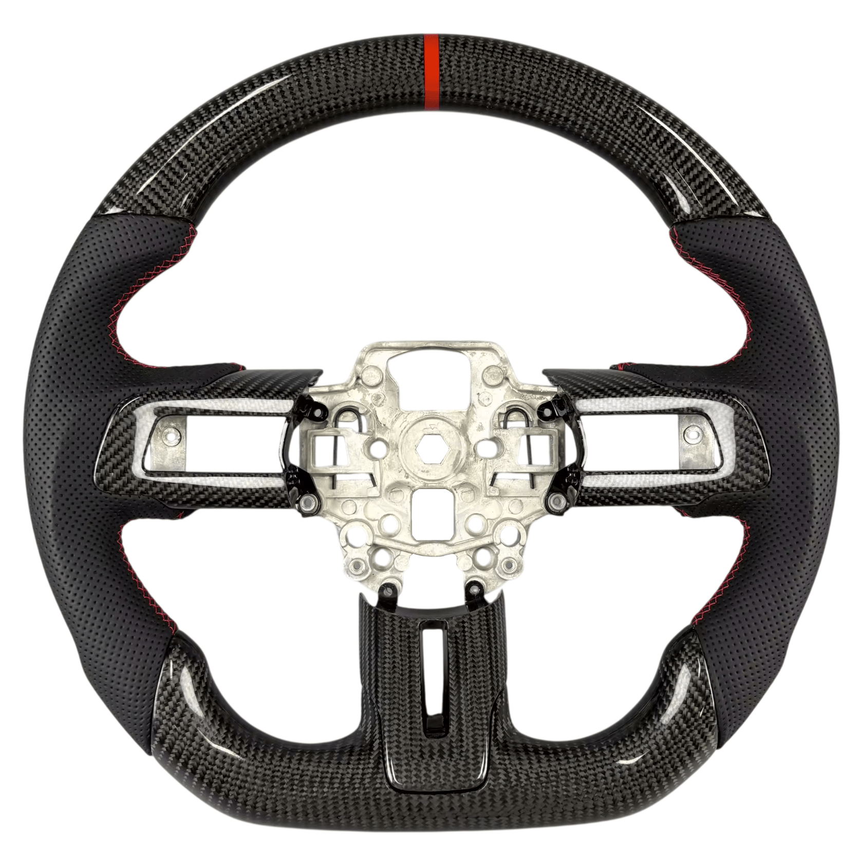 2015-2023 Ford Mustang S550 carbon fiber steering wheel without airbag module, with red-stitched black perforated leather grips and flat-bottom design