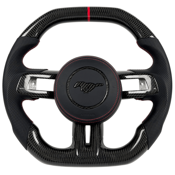 2015-2023 Ford Mustang S550 carbon fiber steering wheel with red-stitched black perforated leather grips, flat-bottom design, and red center stripe