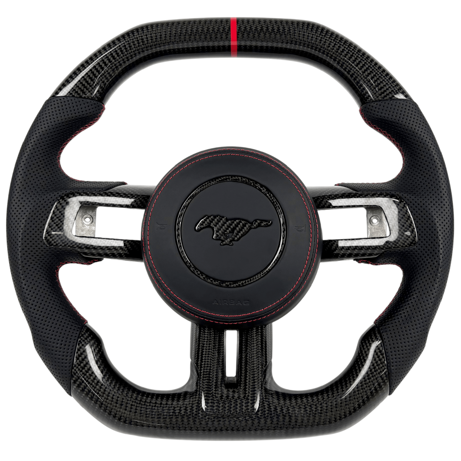 2015-2023 Ford Mustang S550 carbon fiber steering wheel with red-stitched black perforated leather grips, flat-bottom design, and red center stripe