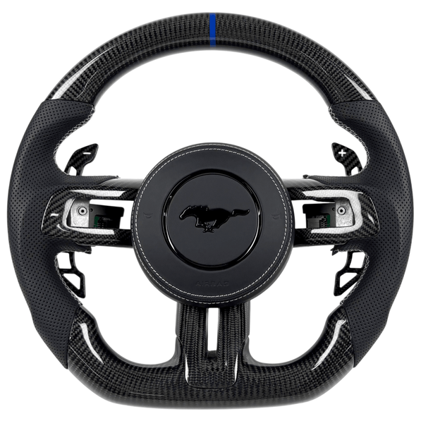 2015-2023 Ford Mustang S550 carbon fiber steering wheel with black perforated leather grips, flat-bottom design, and white stitching