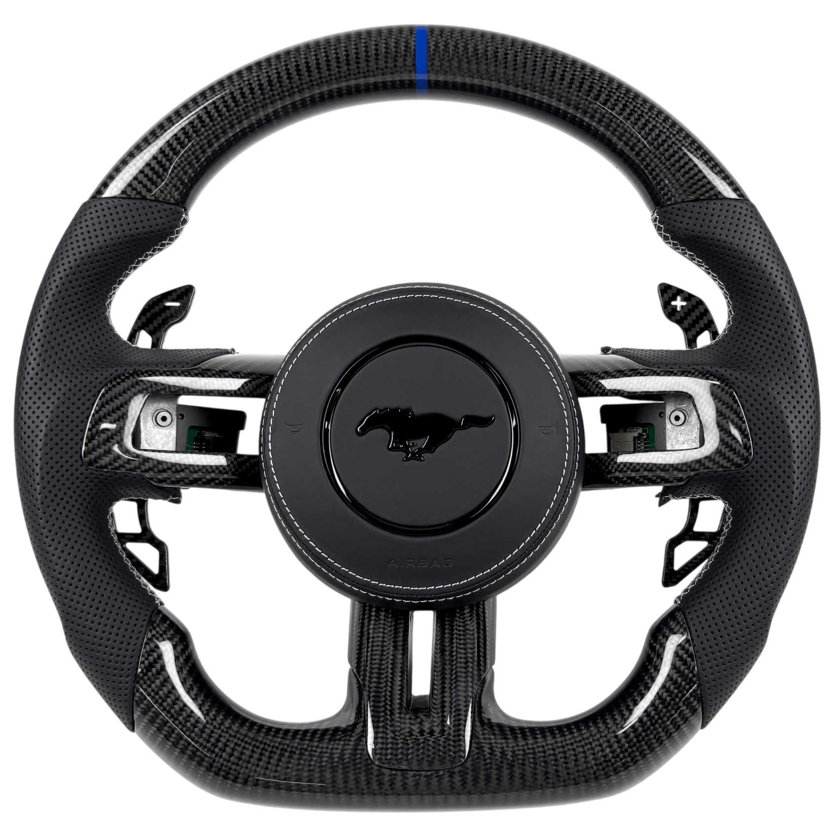 2015-2023 Ford Mustang S550 carbon fiber steering wheel with black perforated leather grips, flat-bottom design, and white stitching