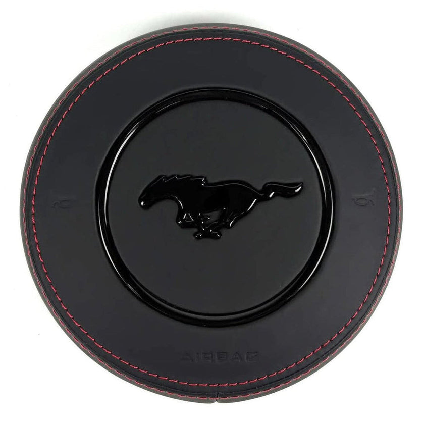 2015-2023 Ford Mustang S550 custom black leather airbag cover with red stitching and gloss black pony emblem