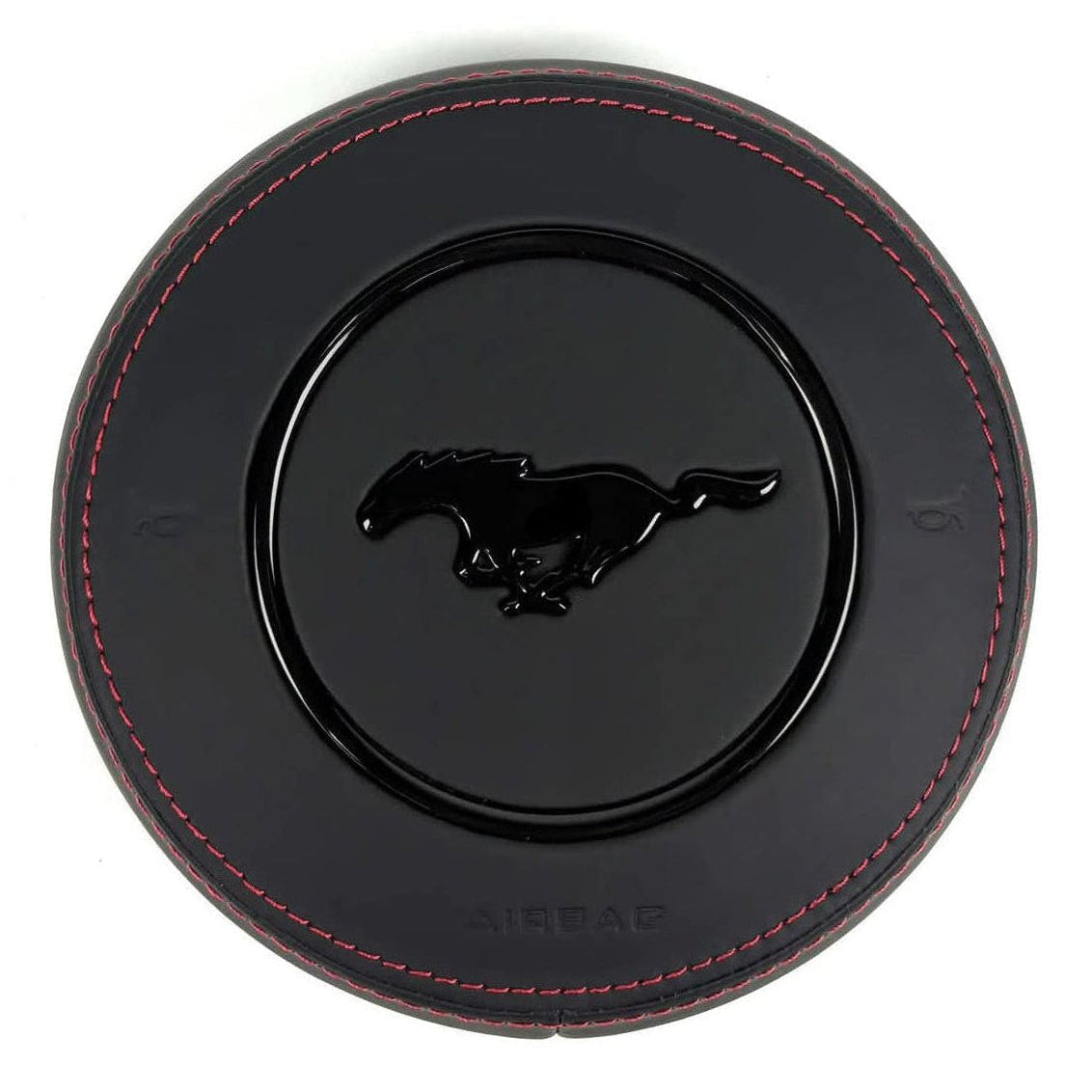 2015-2023 Ford Mustang S550 custom black leather airbag cover with red stitching and gloss black pony emblem