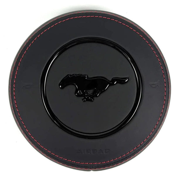 2015-2023 Ford Mustang S550 custom black leather airbag cover with red stitching and gloss black pony emblem
