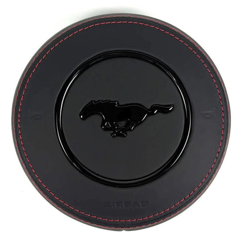 2015-2023 Ford Mustang S550 custom black leather airbag cover with red stitching and gloss black pony emblem