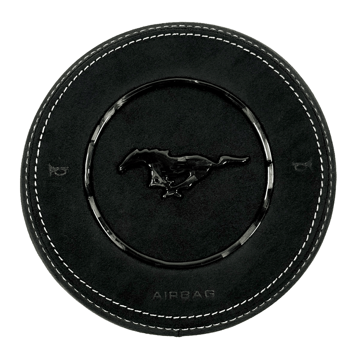 Custom black Alcantara airbag cover for 2015–2023 Ford Mustang S550 with white stitching, a forged carbon fiber pony emblem, and forged carbon fiber trim ring.