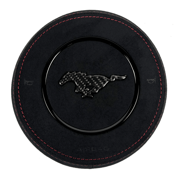2015-2023 Ford Mustang S550 custom black Alcantara airbag cover with red stitching and carbon fiber pony emblem