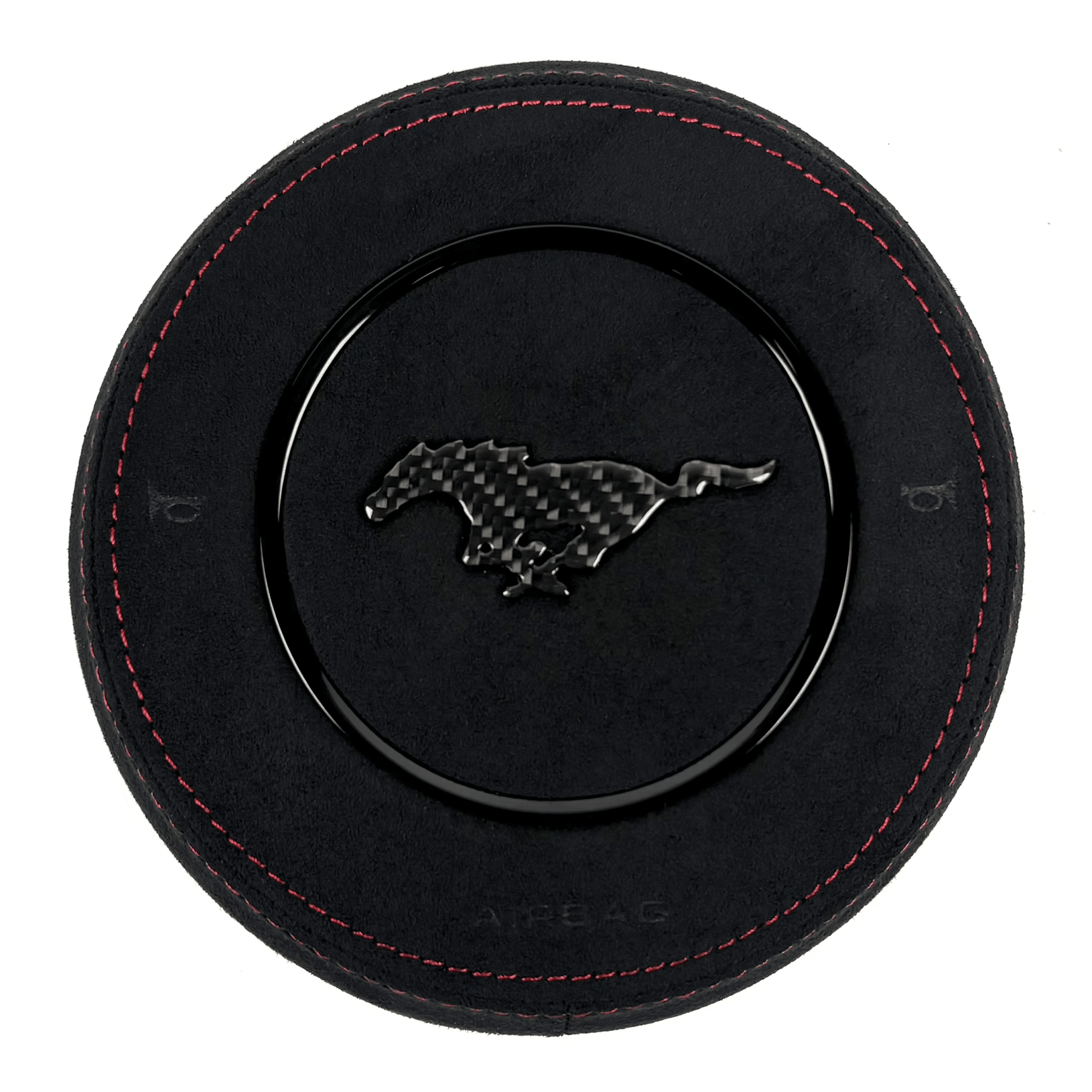 2015-2023 Ford Mustang S550 custom black Alcantara airbag cover with red stitching and carbon fiber pony emblem