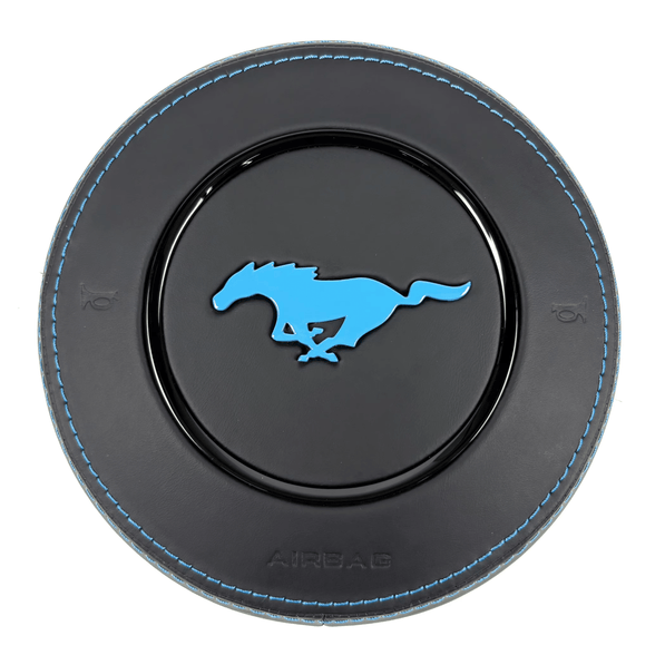 2015-2023 Ford Mustang S550 custom black leather airbag cover with blue stitching, blue pony emblem, and gloss black trim ring
