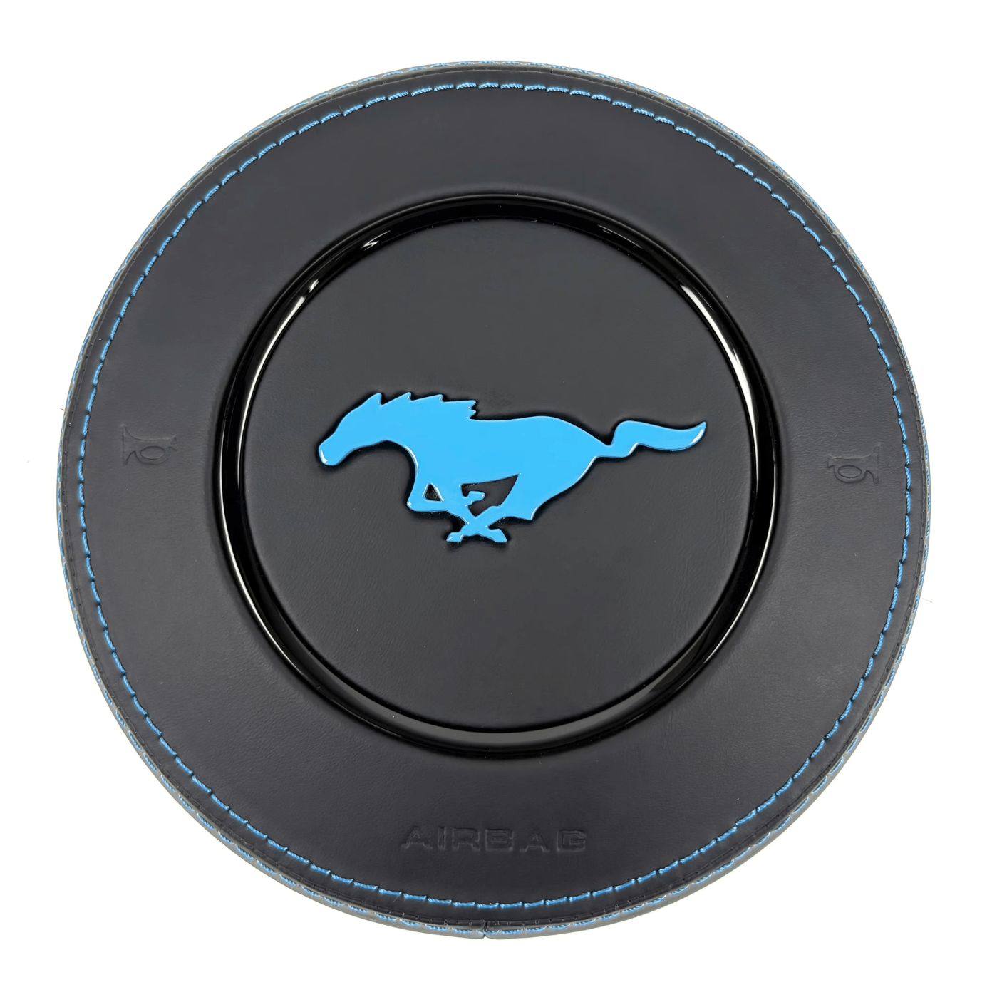 2015-2023 Ford Mustang S550 custom black leather airbag cover with blue stitching, blue pony emblem, and gloss black trim ring