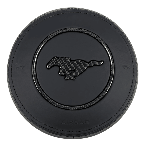 2015-2023 Ford Mustang S550 custom black leather airbag cover with carbon fiber pony emblem, carbon fiber trim ring, and black stitching