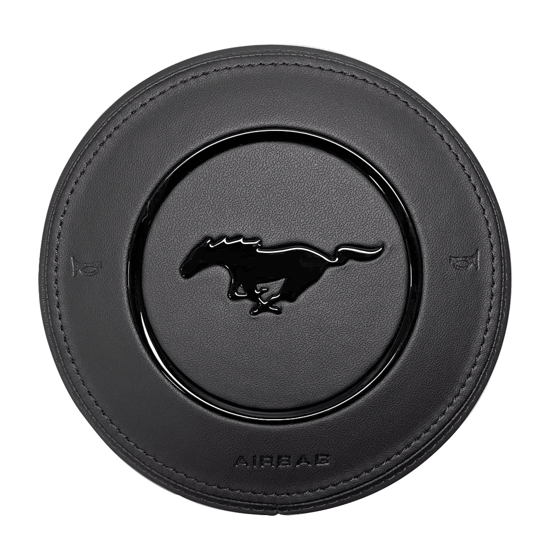 Texas Carbon custom black leather steering wheel airbag cover for 2015–2023 Ford Mustang S550 with black stitching, gloss black trim ring, and gloss black pony emblem.