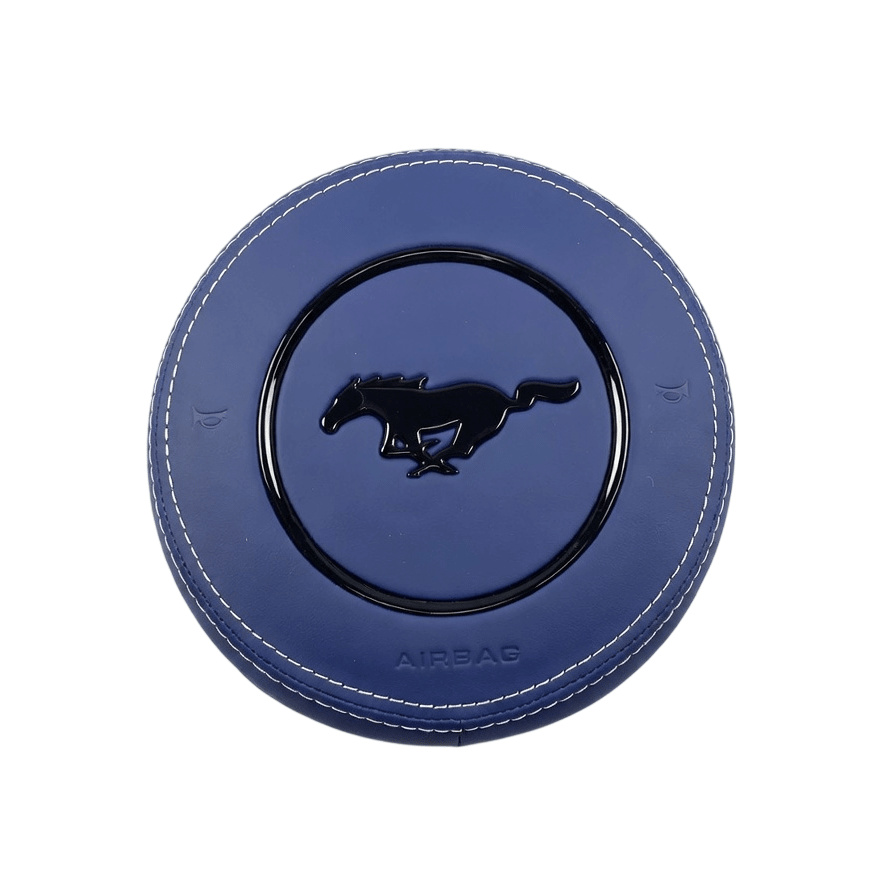 2015-2023 Ford Mustang S550 custom blue leather airbag cover with white stitching, black pony emblem, and gloss black trim ring