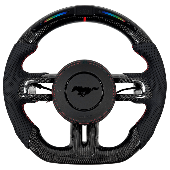 2015–2023 Ford Mustang S550 carbon fiber LED steering wheel with RPM display, perforated leather grips and red center stripe