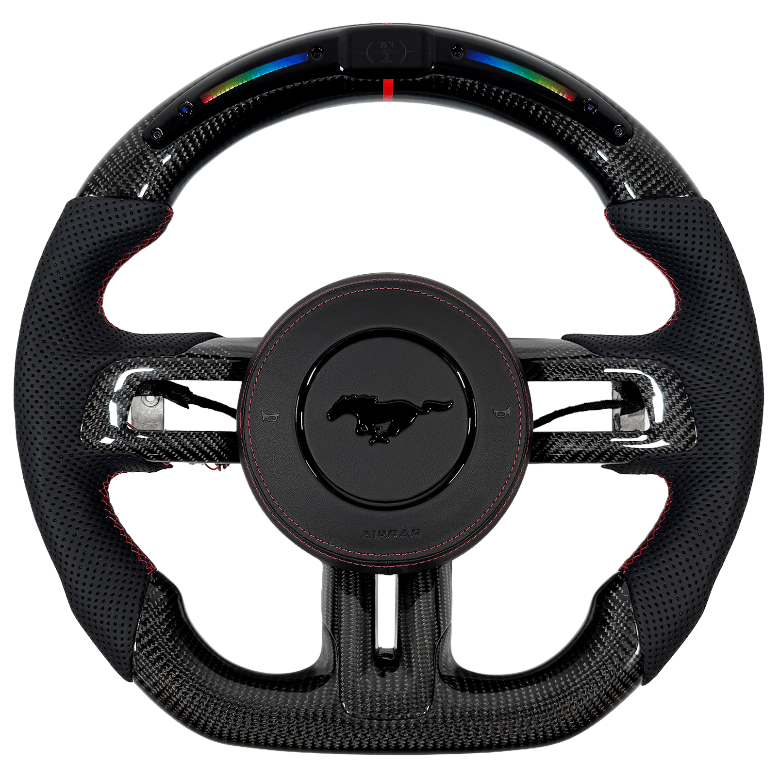 2015–2023 Ford Mustang S550 carbon fiber LED steering wheel with RPM display, perforated leather grips and red center stripe