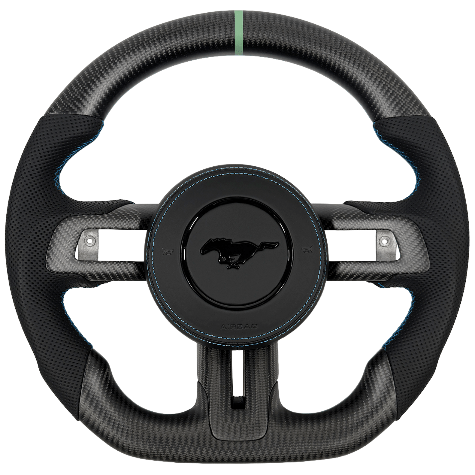 2015–2023 Ford Mustang S550 custom carbon fiber steering wheel by Texas Carbon with matte woven carbon fiber, black perforated leather grips, blue stitching, a green center stripe, and a flat-bottom design.