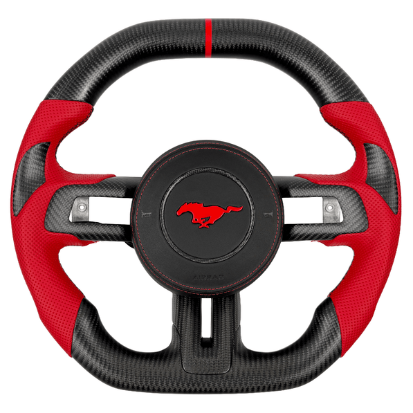 Custom carbon fiber flat-bottom steering wheel for 2015–2023 Ford Mustang S550 with red perforated leather grips, red center stripe, red stitching, and red Mustang pony emblem.