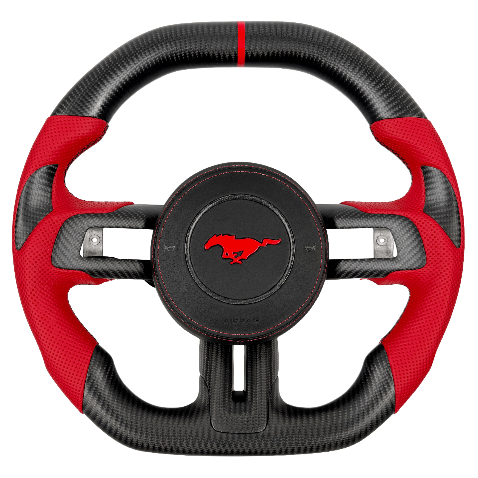 Custom carbon fiber flat-bottom steering wheel for 2015–2023 Ford Mustang S550 with red perforated leather grips, red center stripe, red stitching, and red Mustang pony emblem.