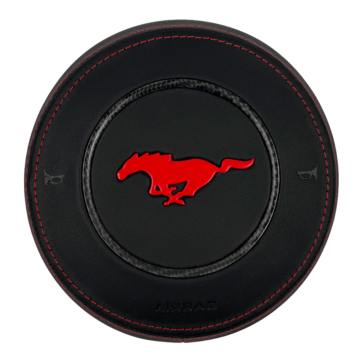 Custom black leather airbag cover for 2015–2023 Ford Mustang S550 with red contrast stitching, carbon fiber trim ring, and red Mustang pony emblem.