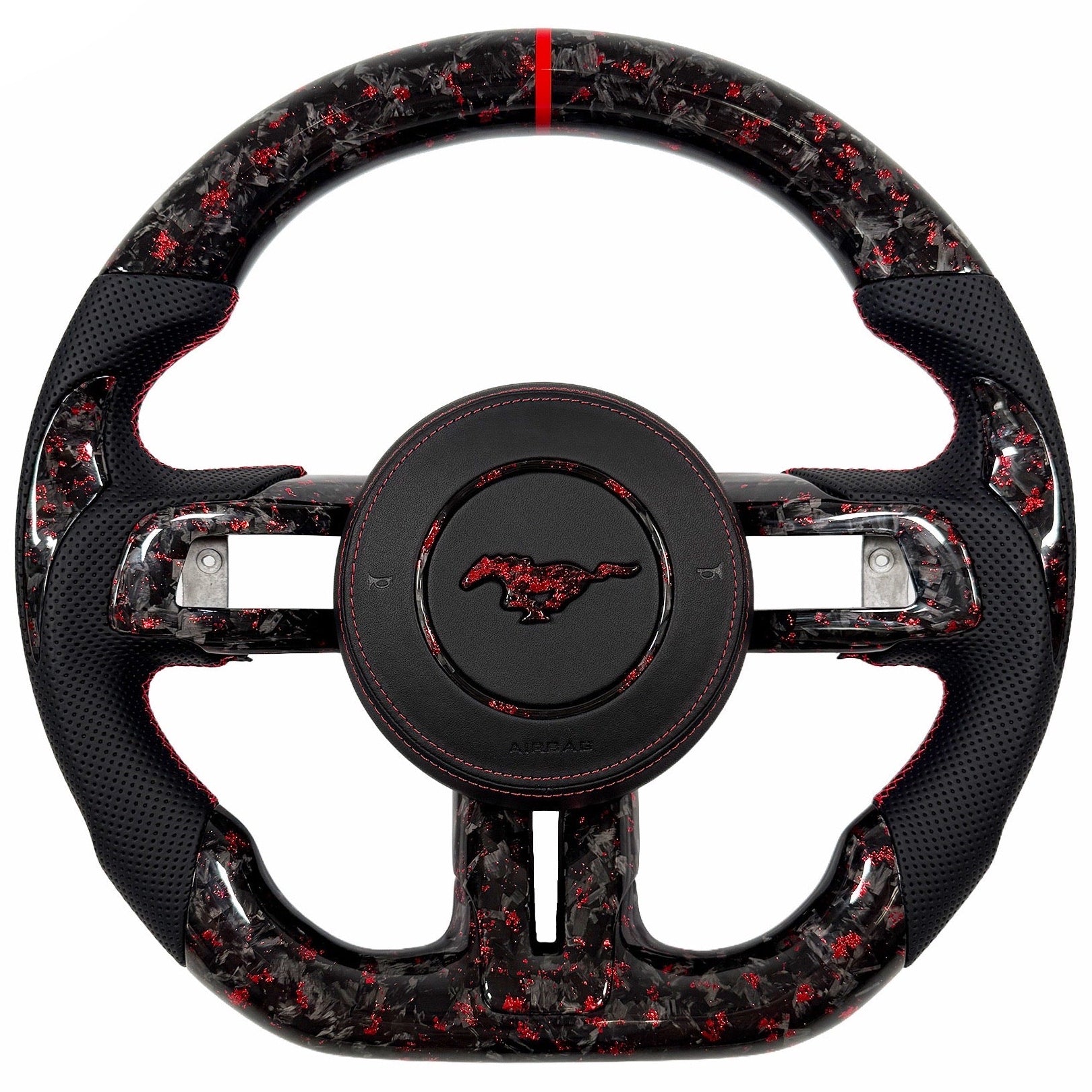 Custom red-flake forged carbon fiber flat-bottom steering wheel for 2015–2023 Ford Mustang S550 with black perforated leather grips, red stitching, and red center stripe.