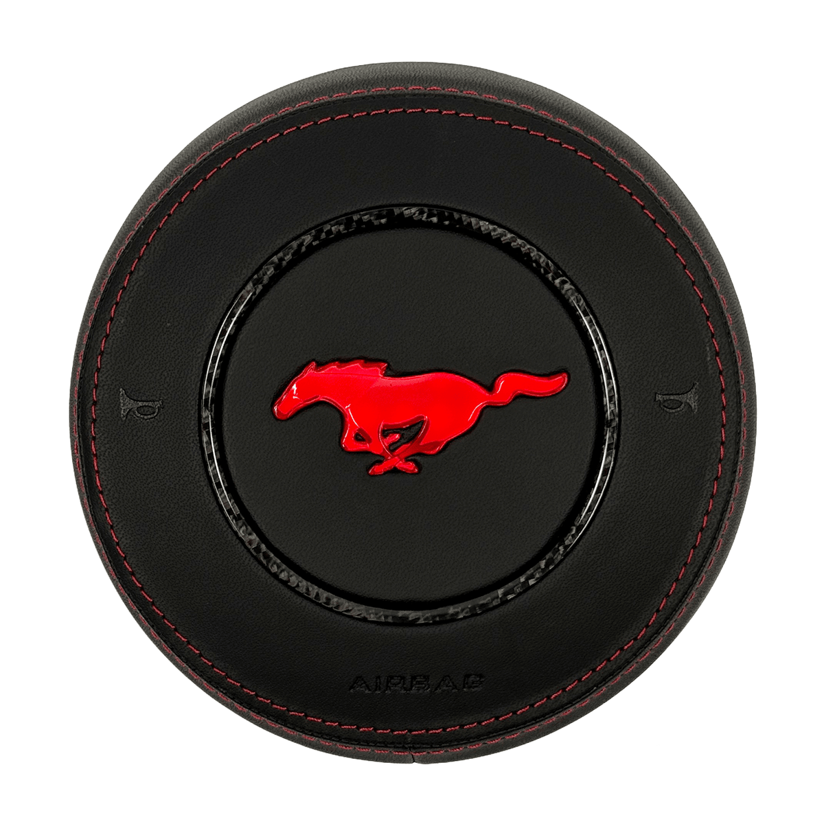 2015–2023 Ford Mustang S550 custom RGB LED airbag cover in black leather with red stitching, a carbon fiber trim ring, and an illuminated red pony emblem.